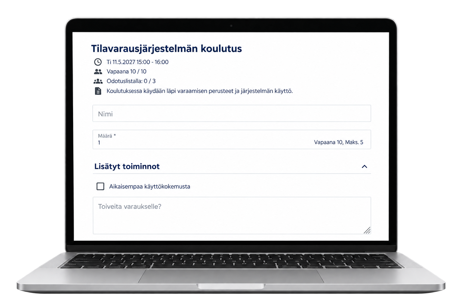 Timeworksin esimerkkivarauslomake kannettavan tietokoneen näytöllä: koulutuksen tiedot, pakollinen määrä, valintaruutu ja varauksen lisätoiveet.