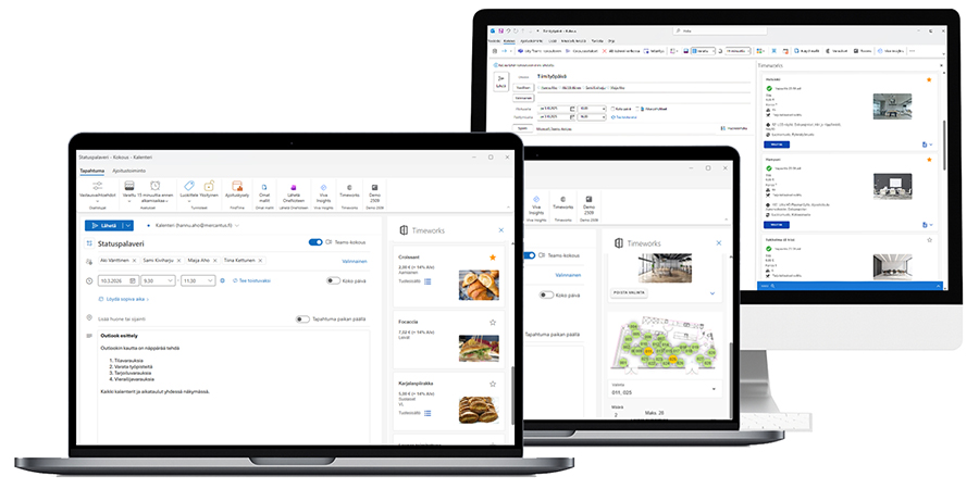 Timeworks Outlook add-in on three computer screens: room selection, a workstation floor plan and catering orders.
