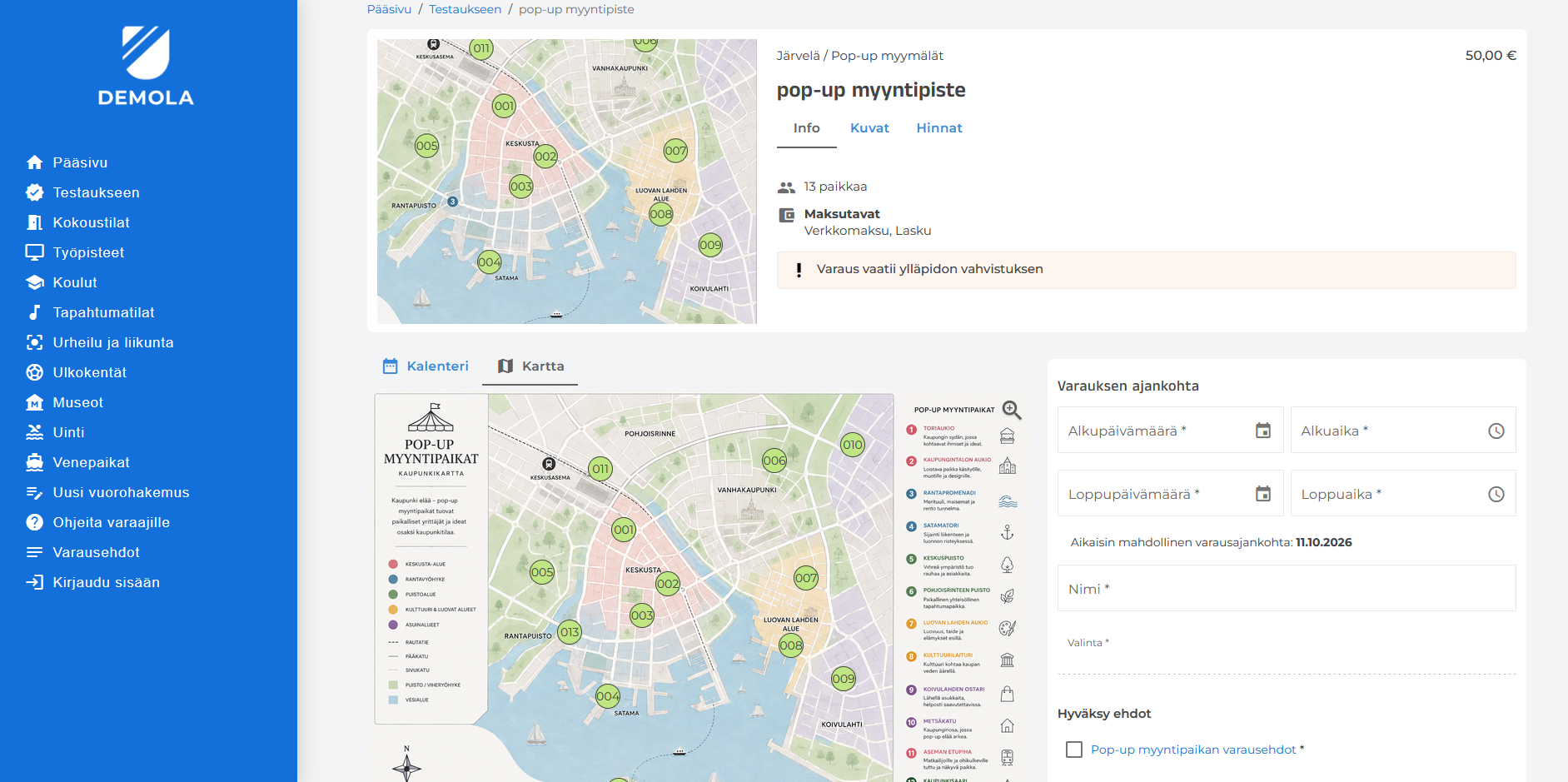 Timeworksin pop-up-myyntipaikan varauspalvelu: paikat kartalla ja sähköinen varauslomake tietokoneen näytöllä.