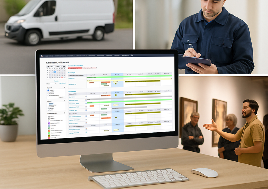 Timeworks booking calendar on a computer screen alongside a van, an employee and a guided museum tour.