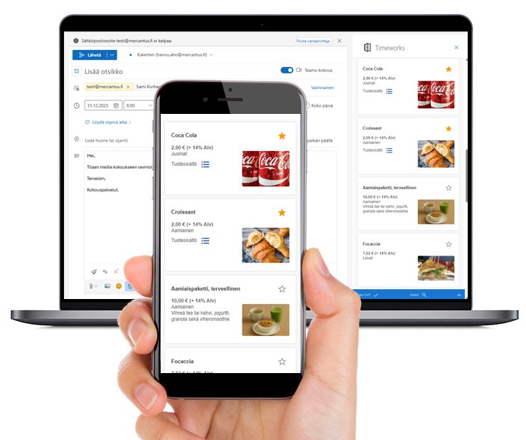 Timeworksin tarjoilujen valinta Outlook-lisäosassa kannettavan tietokoneen näytöllä ja puhelimessa.