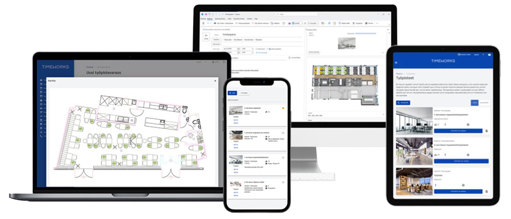 Timeworks workstation selection from a floor plan and workstation booking views on computer, tablet and phone screens.