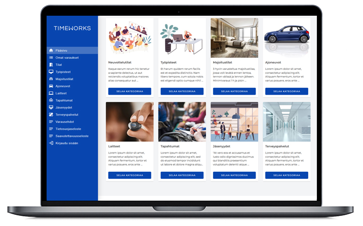 Timeworks online store view on a laptop screen: categories for bookable spaces, workstations, vehicles and services.